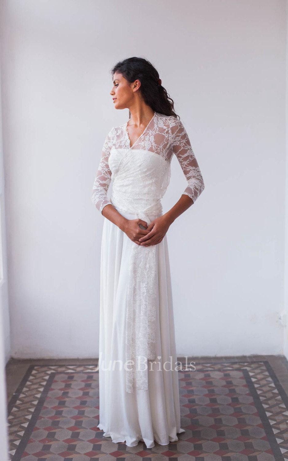  Bohemian  Long Sleeve Lace Floor Length Sleeve With Draping 