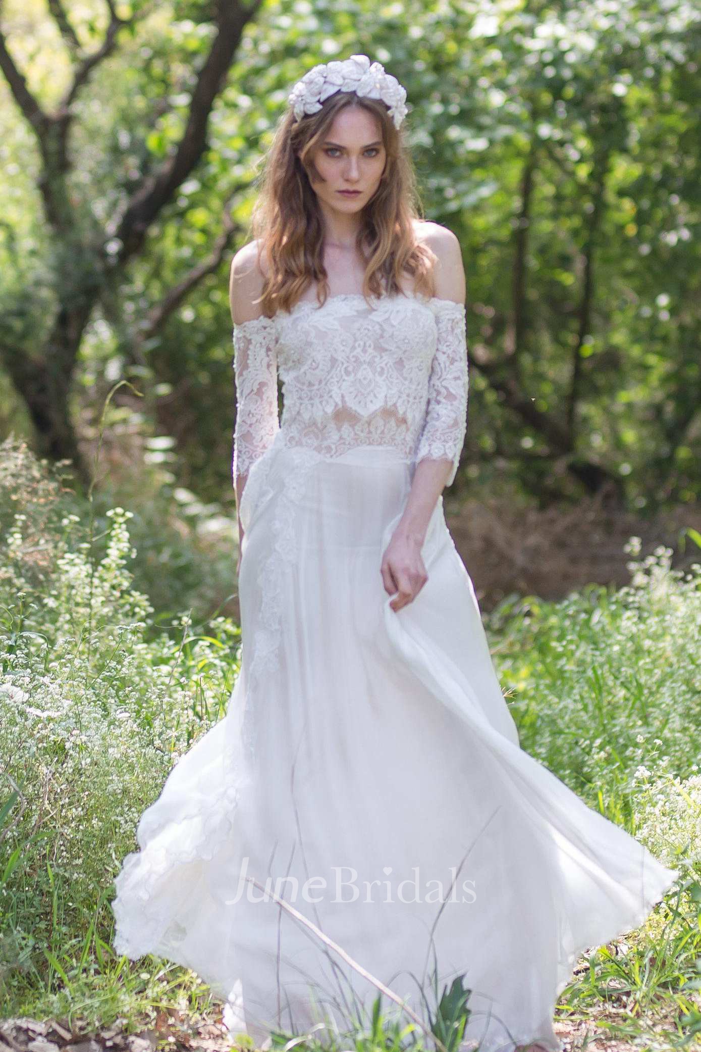 Off the shoulder Lace Chiffon Boho  Wedding  Dress  With 