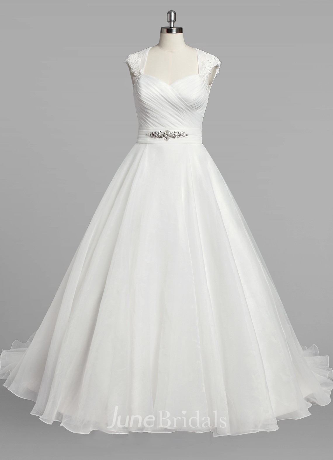 Queen-Anne Neck Cap Sleeve A-Line Organza Wedding Dress With Ruching ...