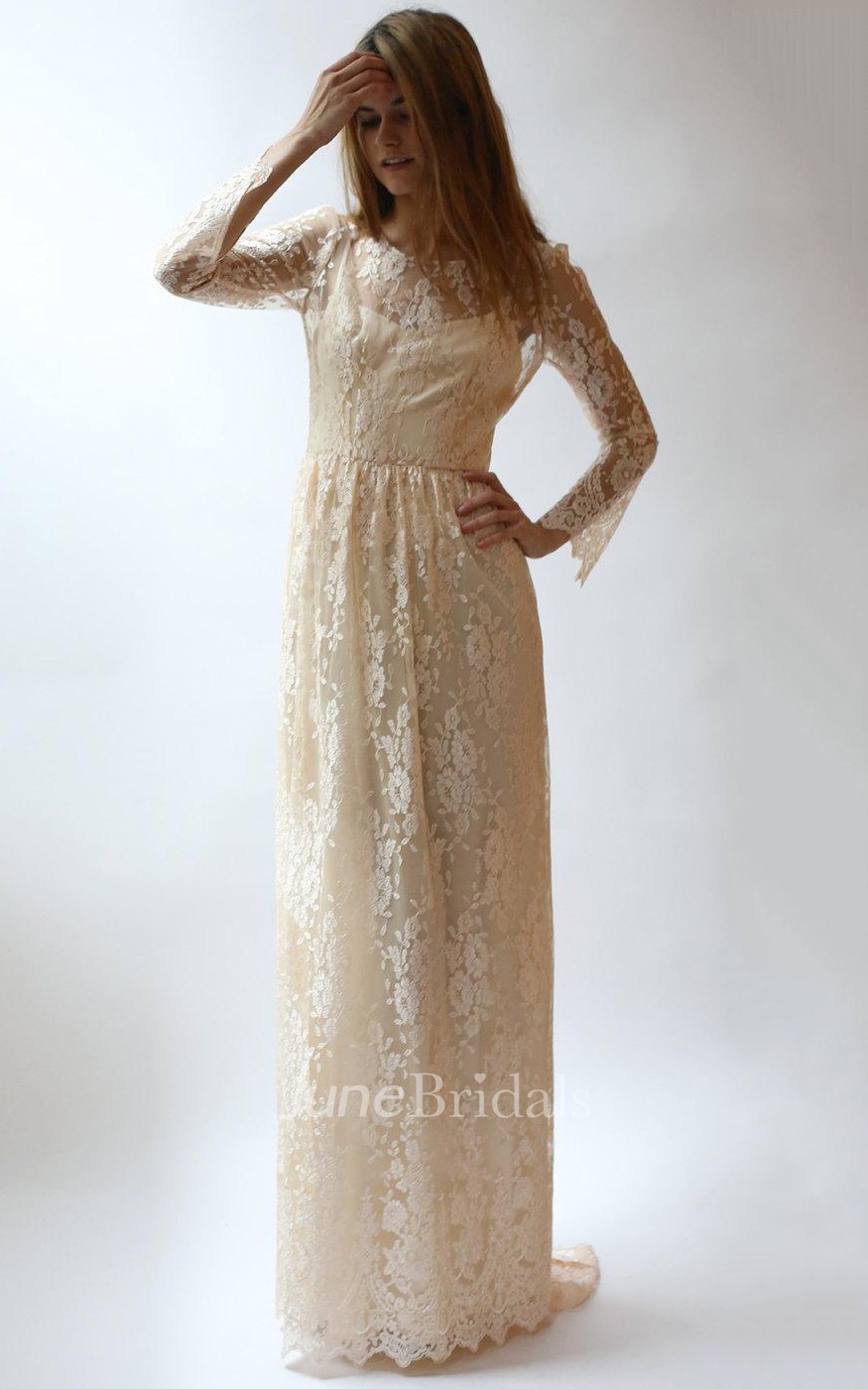 Long Sleeve 2 Piece Peach Lace And Wedding Dress - June Bridals