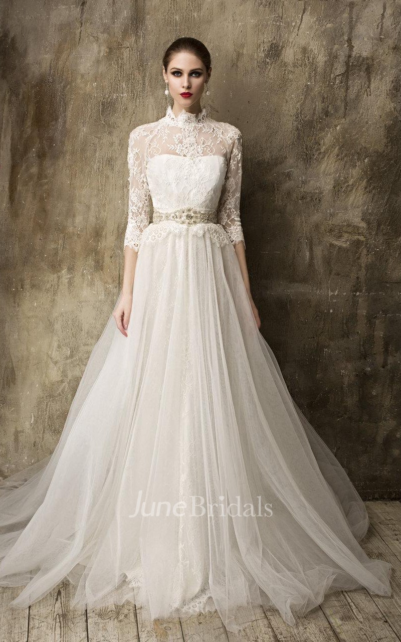 High  Neck  3 4 Sleeve A Line Tulle Wedding  Dress  With 
