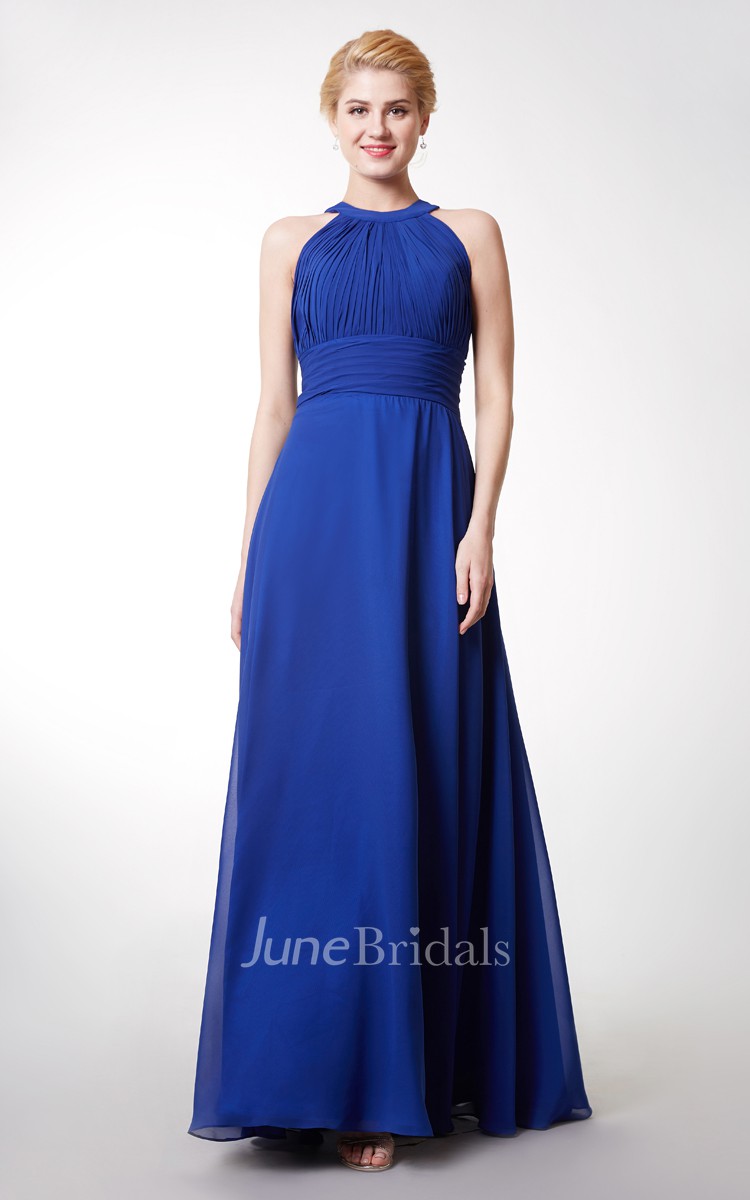 Halter Ruched Long Bridesmaid Dress With Key-hole Back - June Bridals