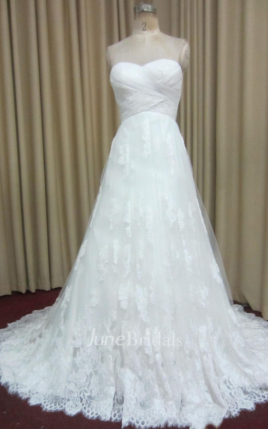 Long A Line Criss Cross Wedding  Dress  With Lace Trim  and 