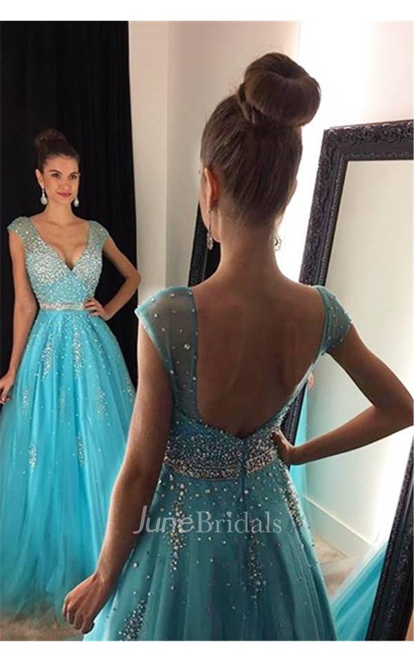 Elegant V Neck Beadings Prom Dresses 2018 Long A Line Tulle June Bridals