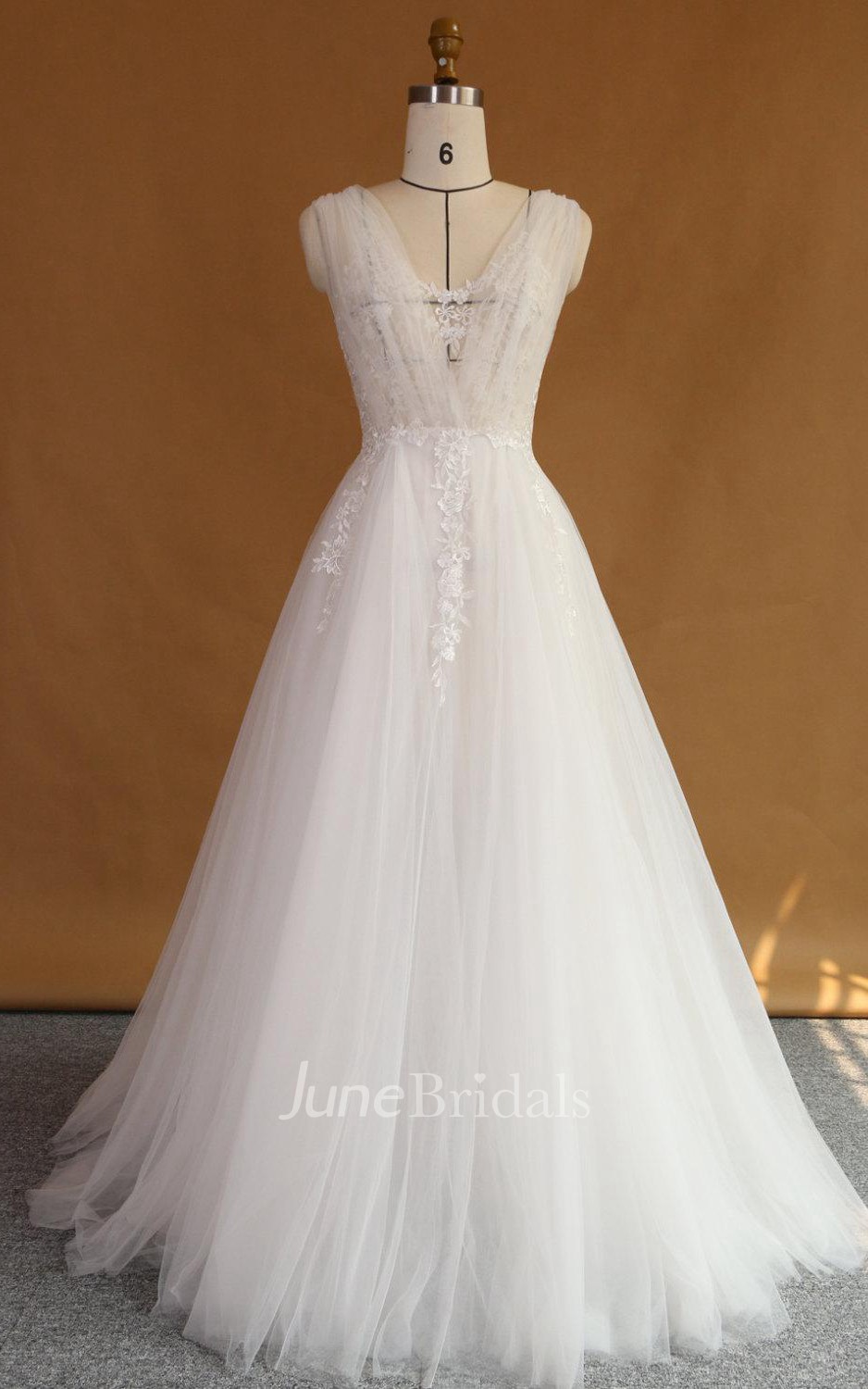 A Line Strapped V Neck Lace Satin Dress With Appliques Low V Back