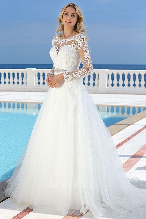 Scoop Floor-Length Long-Sleeve Appliqued Tulle Wedding Dress - June Bridals