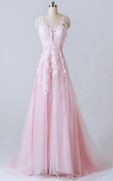 A line V neck Tulle And Lace Dress  With Appliques And Low 