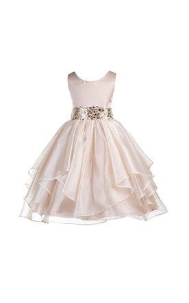 Flower Dresses Kids Wedding Gowns June Bridals Asymmetric Ruffled Sleeveless Jewel Neck Satin Organza Dress With Sequin Sash