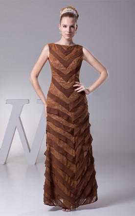 Brown Dresses For Wedding Guest Chocolate Formal June Bateau Sleeveless Tiered Chiffon Sheath Gown With Lace Embroidery