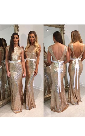 Gold Glitter Bridesmaid Dresses Sequin Mermaid Long Scoop Cap Sequins Dress With Deep V Back