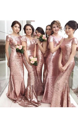 Blushing Bridesmaids Dresses Light Pink Gowns For Bridesmaid Short Sleeved Scoop Neck Long Sequined Mermaid Dress