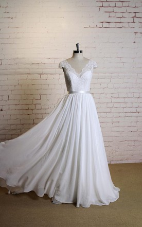 Flowy Wedding Gowns Chiffon Dresses June Bridals V Neck Cap Sleeve A Line Chiffon Wedding Dress With Lace Top And Satin
