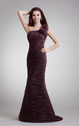 Brown Dresses For Wedding Guest Chocolate Formal June Ruched Floor Length Column Dress With Brush Train And Fl Strap