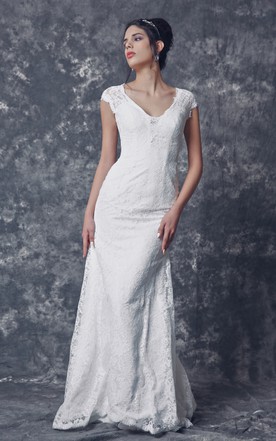 Sassy Low V Neck Mermaid Lace Gown With Cap Sleeves Sassy Low V Neck Mermaid Lace Gown With Cap Sleeves