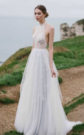 Elegant Simple Ethereal Wedding Dress June Bridals Tulle High Neck Sleeveless A Line Dress With Liques
