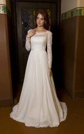 Older Las Bridal Dresses Wedding Gowns For Brides Over Bateau Neck Long Sleeve Chiffon Wedding Dress With V Back Cutout