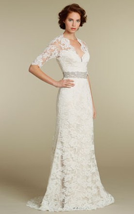 40 Age Women Wedding Gown Over Bridals Dress June Stylish 3 4 Sleeve Long Lace Dress With Crystal Embellished Waist