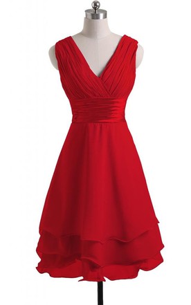 Red C Bridesmaid Dress All Color Available June Bridals V Neckline Layered Bridal Dress With Satin Belt