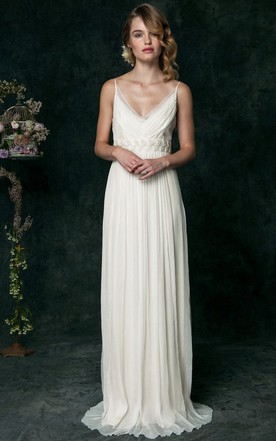 Chiffon Bridal Dresses Grecian Wedding Gown June Bridals Floor Length Spaghetti Empire Pleated Chiffon Wedding Dress With Waist Jewellery