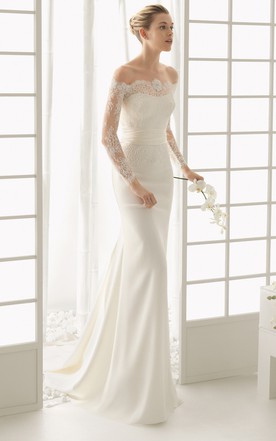 Sheath Column Style Wedding Gowns June Bridals Off Shoulder Illusion Laced Long Sleeves Sheath Dress With Drecorative Flower