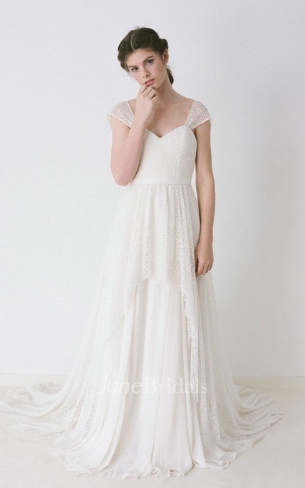 Lace Wedding Gown With Cap Sleeves and Chiffon - June Bridals