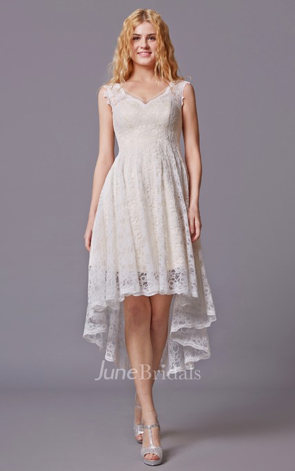 Sleeveless High Low Lace Bridesmaid Dress With V-neck - June Bridals