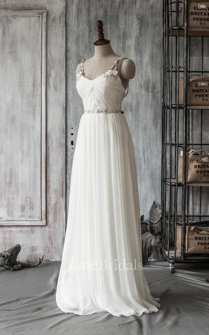 Spaghetti Strap Long A Line Chiffon Wedding Dress With Crystal