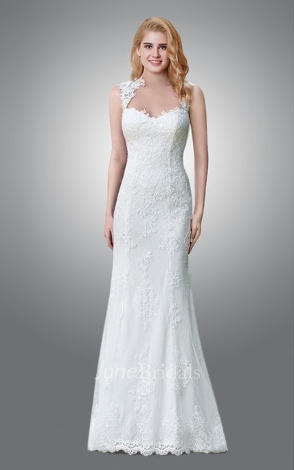 Floor Length Sheath Lace Wedding Dress With Queen Anne Neckline - June ...