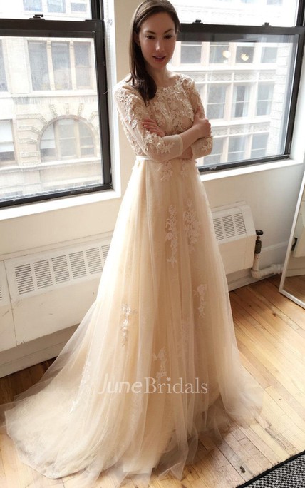 Long Sleeve Champagne Lace Wedding Dress