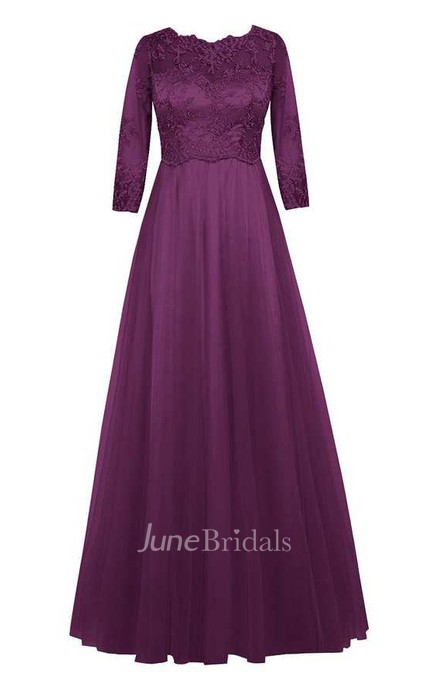Long Lace Sleeve Scoop Neck A-line Chiffon Dress - June Bridals