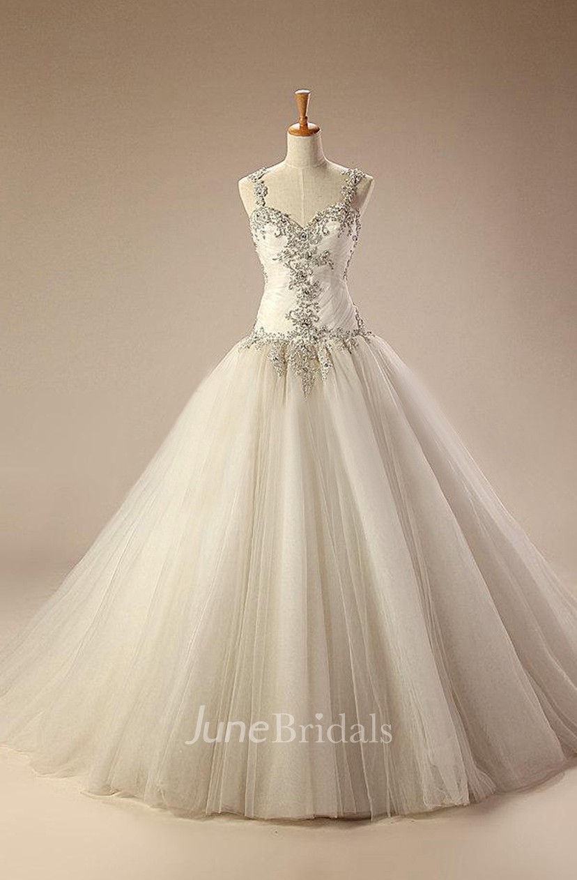 Straps Dropped Waist Long Tulle Wedding Dress With Appliques And