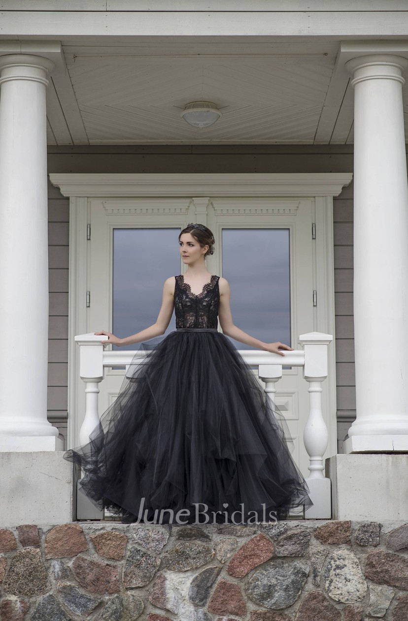 A Line Straps Floor Length Sleeveless Low V Back Lace With Ruffles