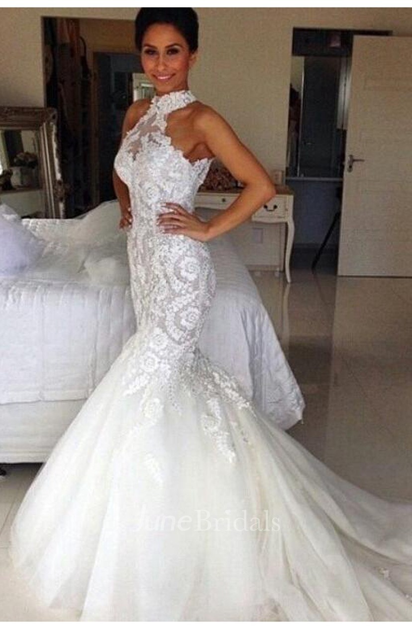 Delicate Halter Tulle Mermaid Wedding Dress With Lace Appliques