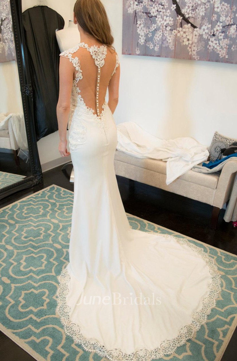 Jewel Illusion Neck Cap Sleeve Fit And Flare Jersey Wedding Dress