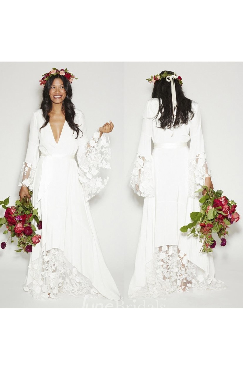 Simple Bohemian Long Sleeves Deep V Neck Hippie Beach Wedding Gown