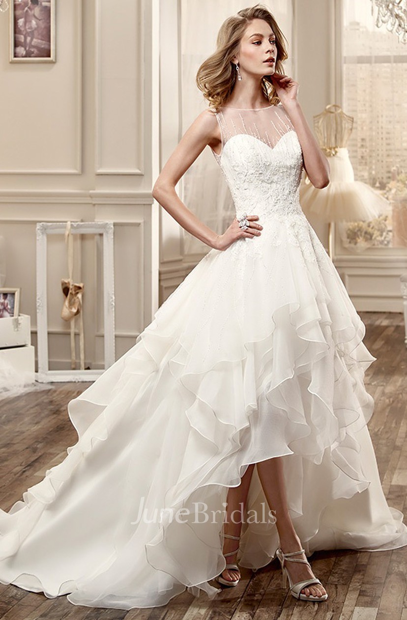 Jewel Neck High Low Wedding Dress With Cascading Ruffles And