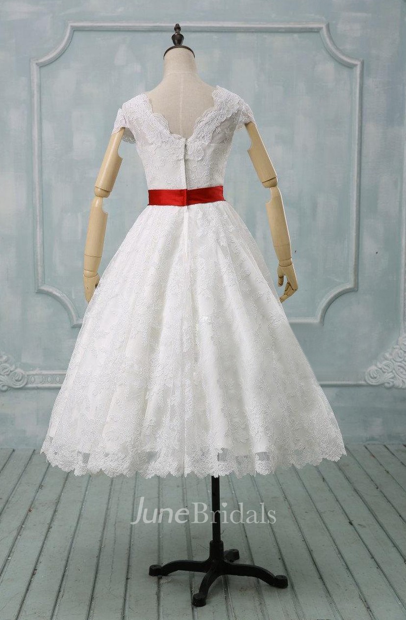 Scalloped Tea Length Wedding Dress With Sash And Cap Sleeve June