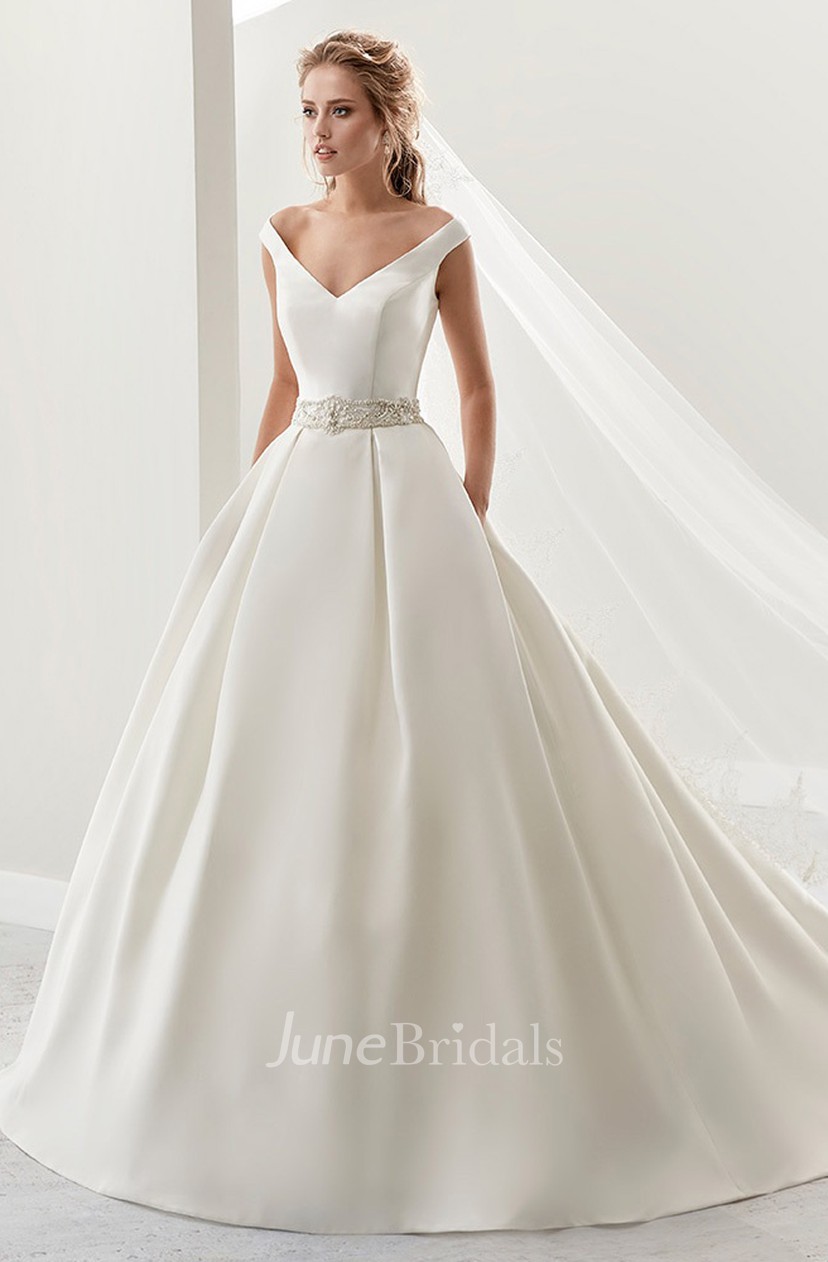 Simple V Neck A Line Satin Wedding Dress With Beaded Belt And