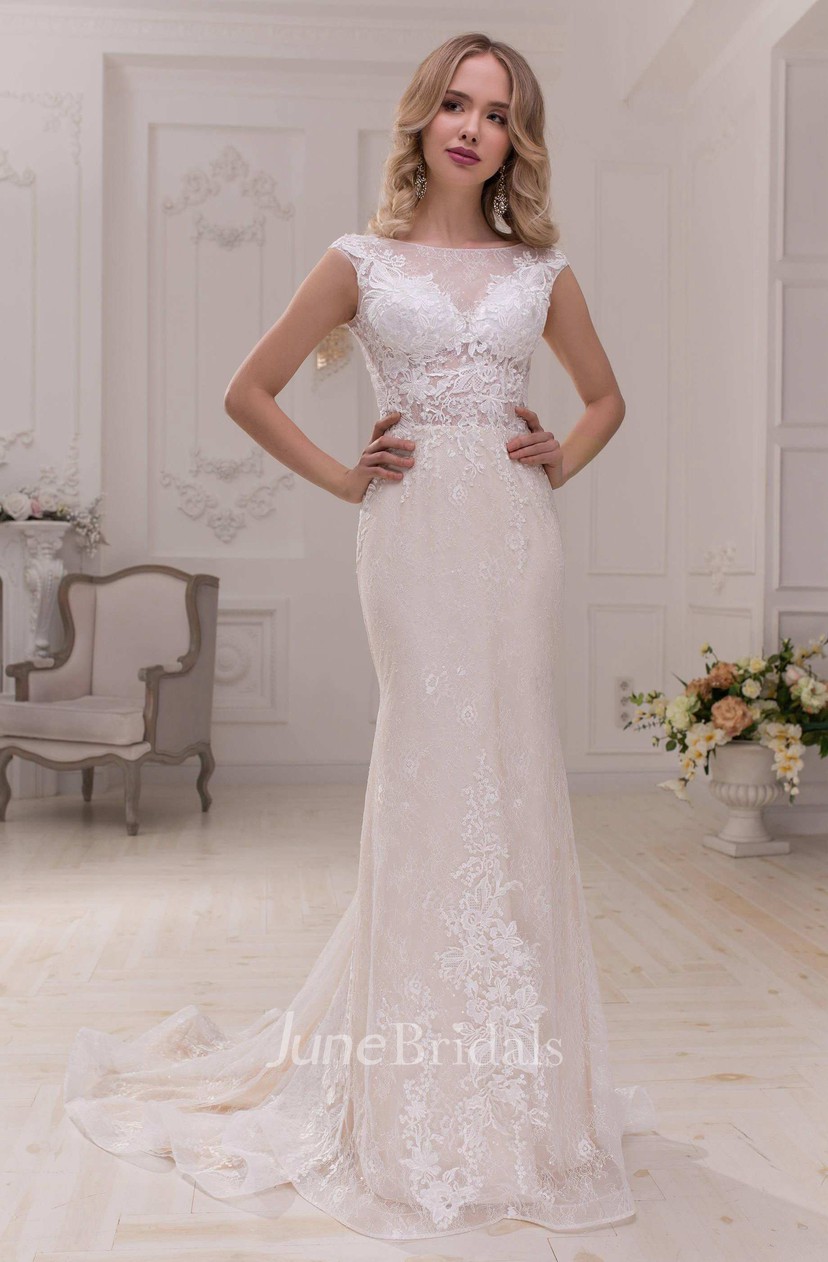 Bateau Cap Sleeve Sheath Wedding Dress With Illusion Back And