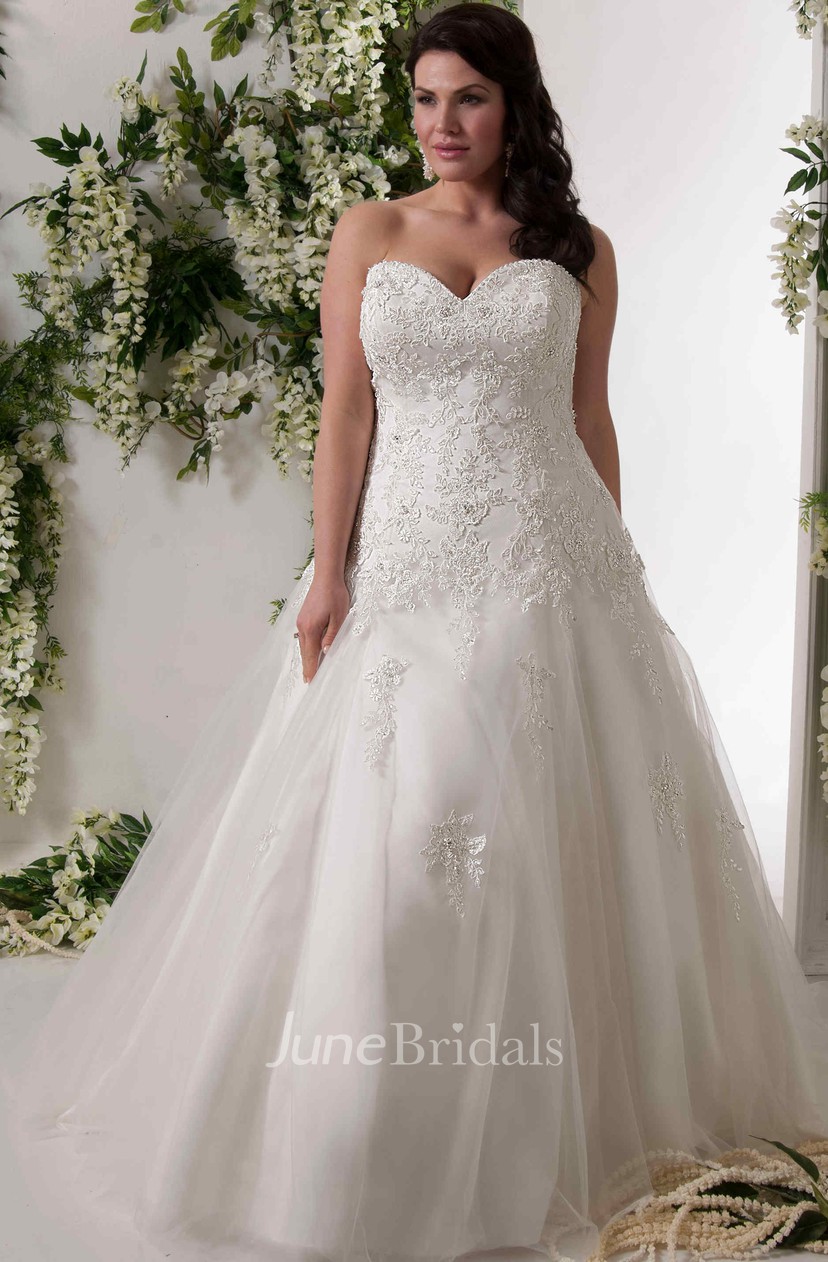 A Line Sweetheart Lace Tulle Plus Size Wedding Dress With Lace Up