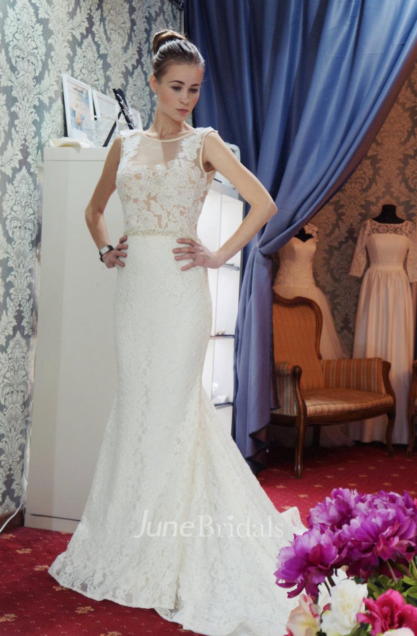 Jewel Neck Mermaid Lace Wedding Dress With Beading And Long Tail