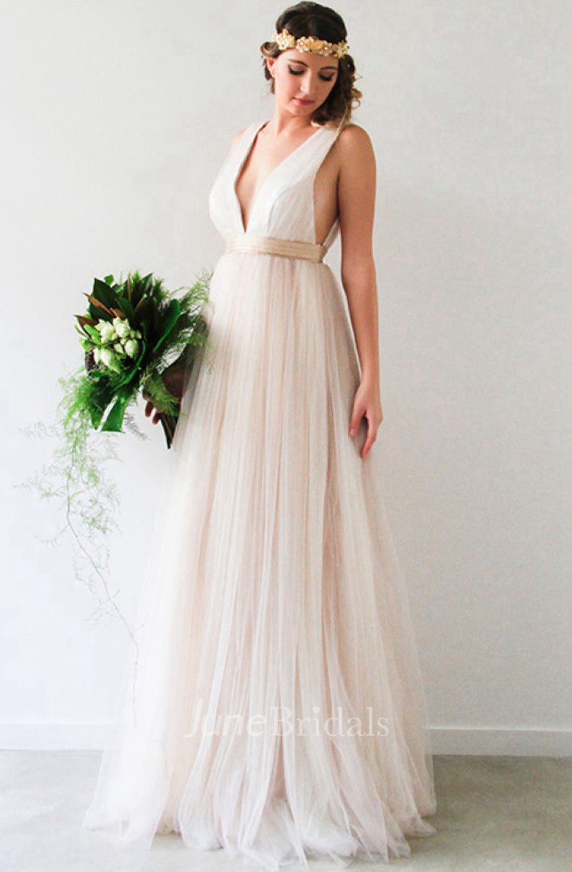 V Neck Sleeveless Jeweled Tulle Wedding Dress June Bridals