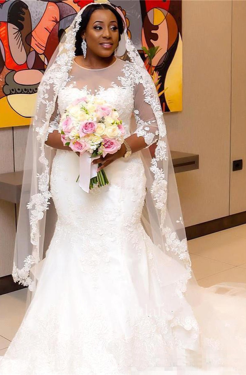 Sheer 3 4 Long Sleeves Plus Size Mermaid Wedding Dress June Bridals