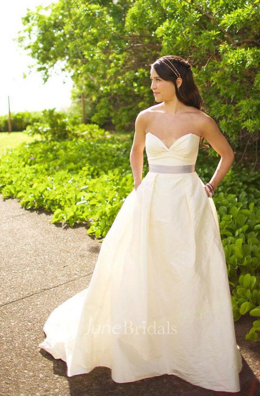 Deep Sweetheart Long A Line Taffeta Wedding Dress With Satin Belt