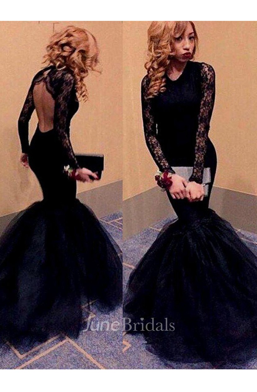 Mermaid Long Sleeves Scoop Lace Floor Length Tulle Dress Online