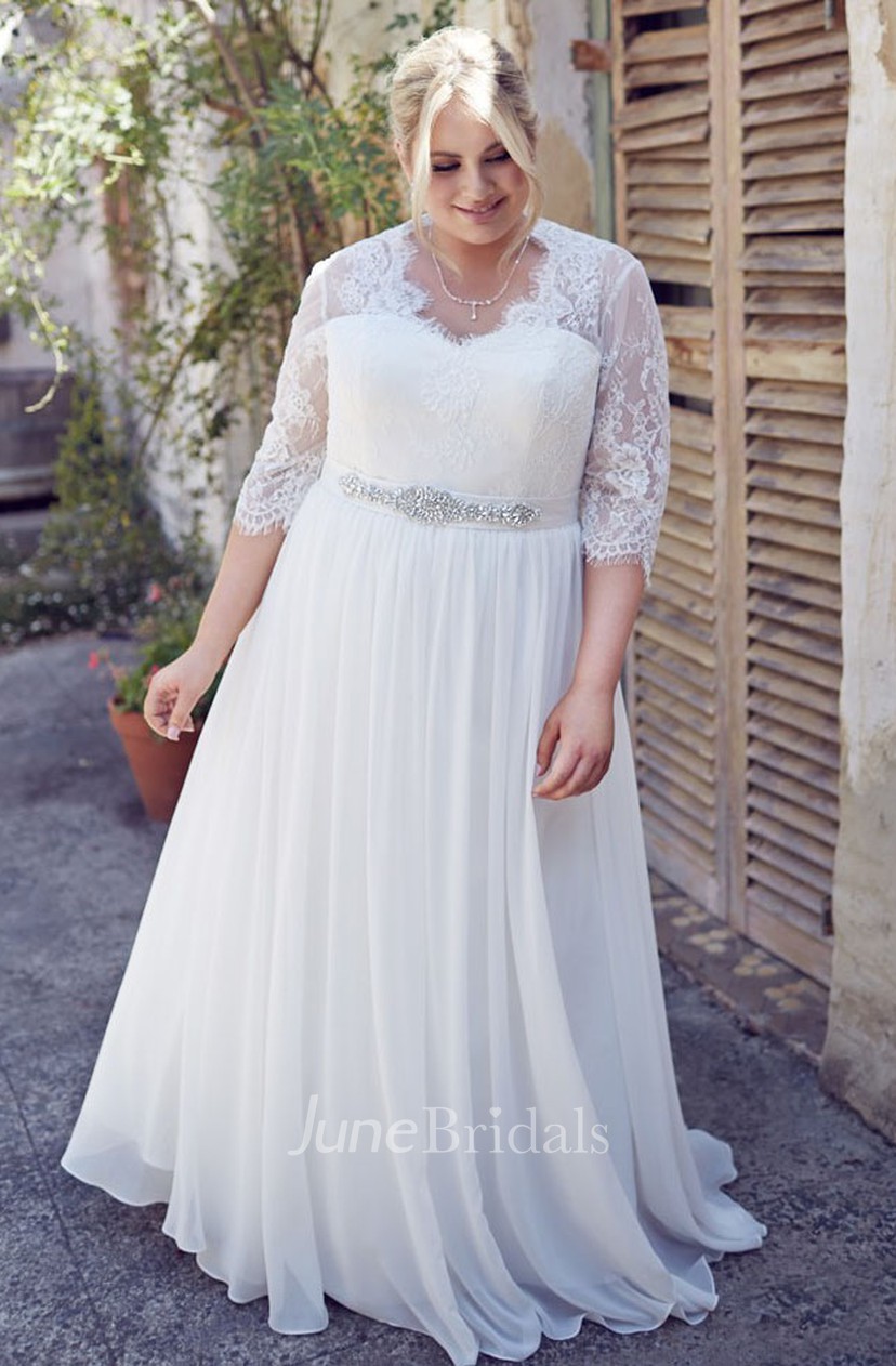 Jeweled Half Sleeve V Neck Chiffon Plus Size Wedding Dress With