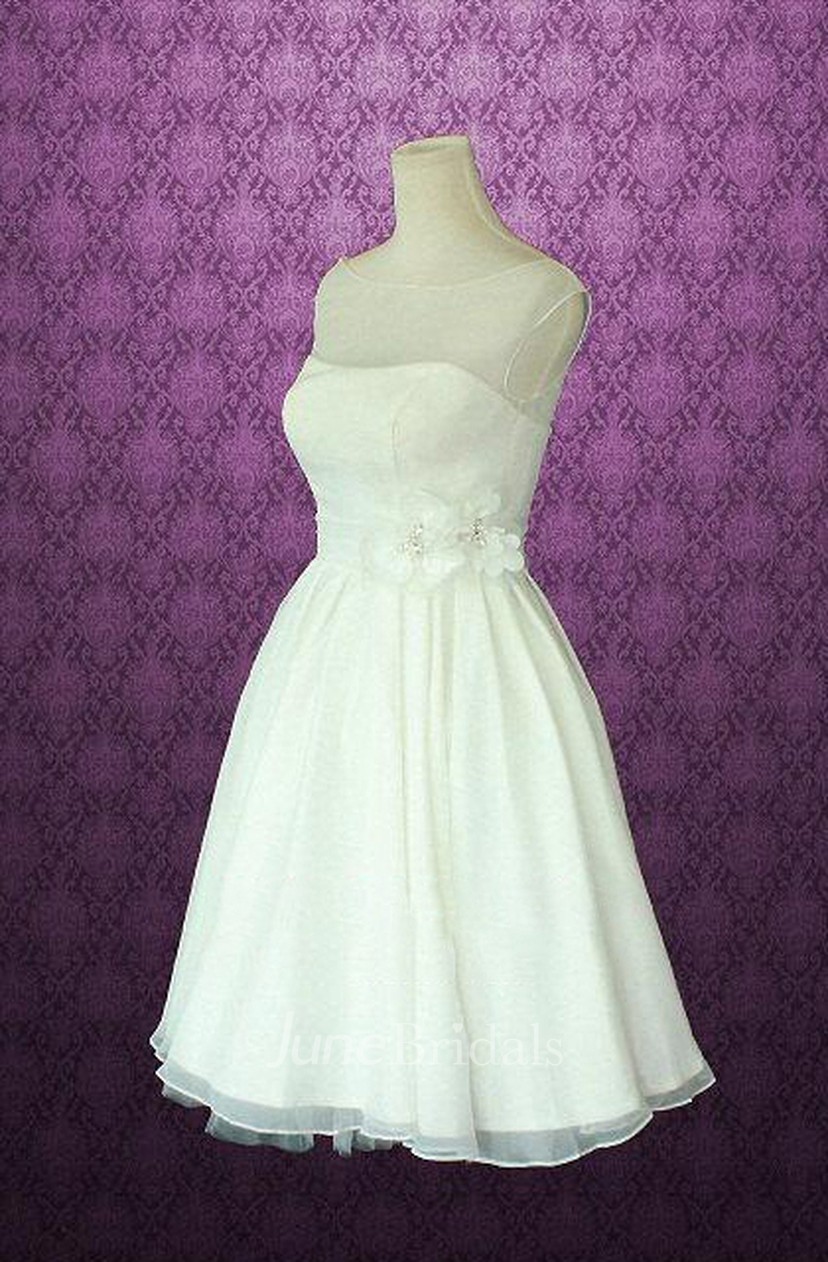 Jewel Sleeveless Knee Length Chiffon Wedding Dress With Sash And