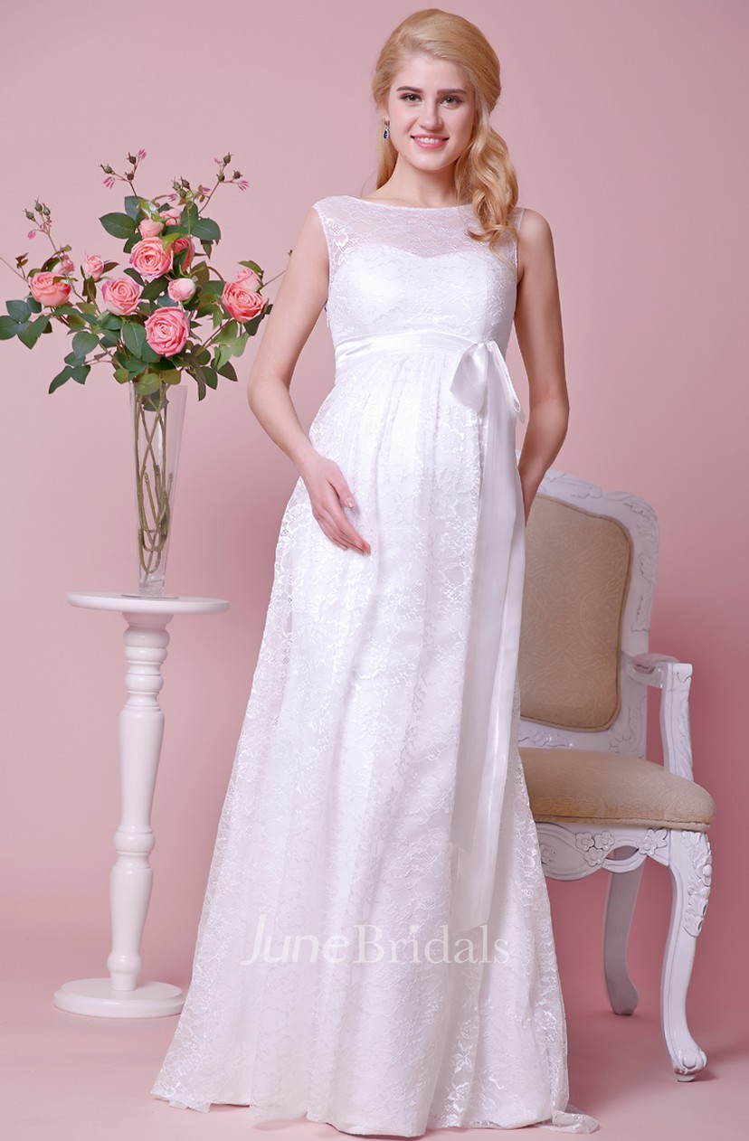 Allover Lace Illusion Bateau Neck Cap Sleeved Maternity Wedding
