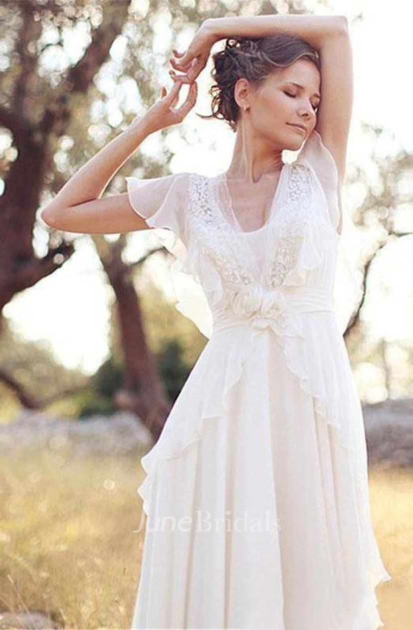 Bohemian Pearls Deep V Neck Backless Flower Beading Sheer Sleeve