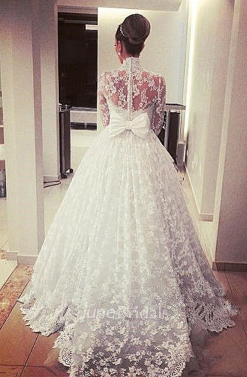 High Collar A Line Modest Princess Appliques Long Sleeve Lace